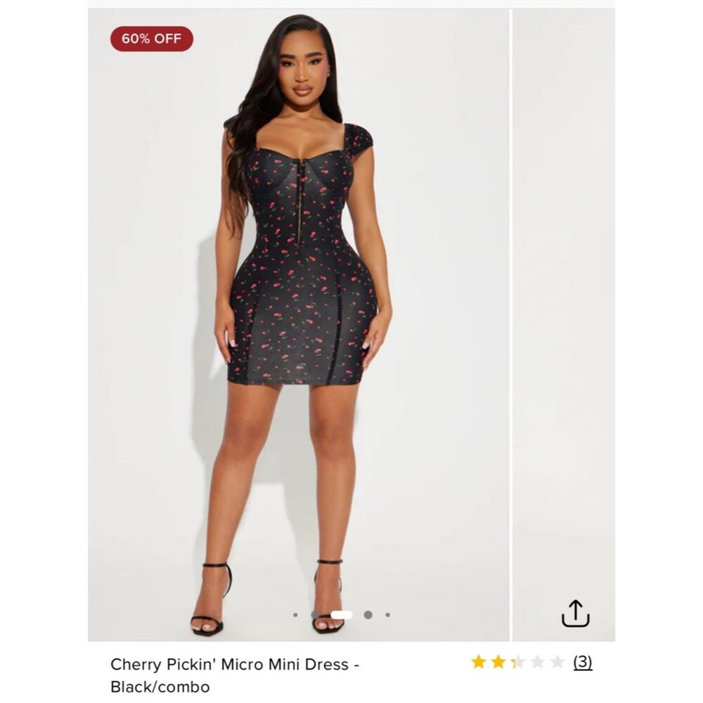 Fashion Nova Black Mini Dress with Red Cherry Print